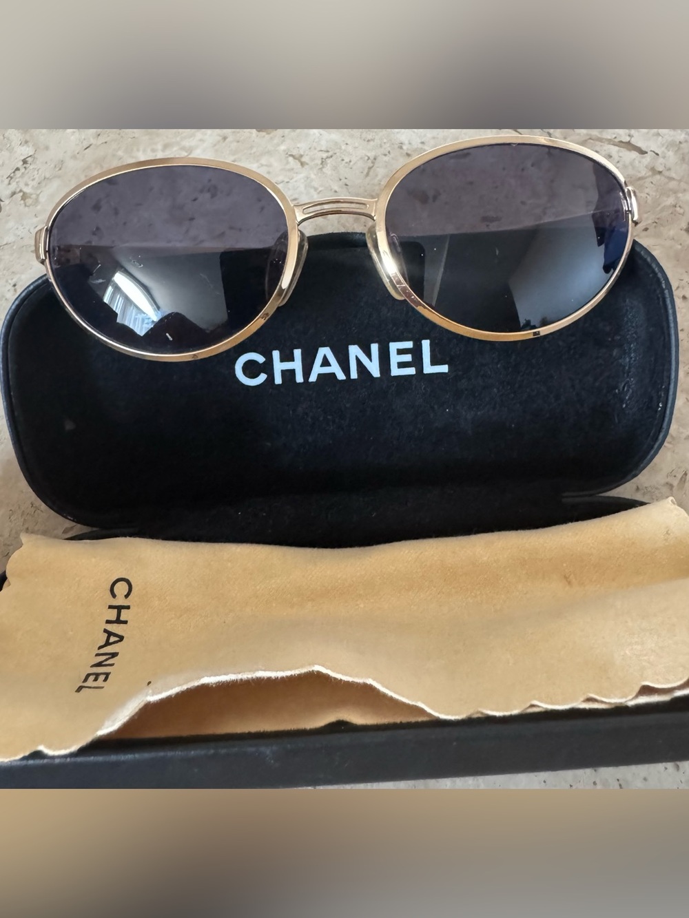 CHANEL Vintage Gold Frame Oval Smoke Lens Sunglasses